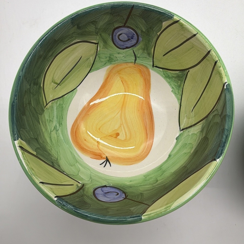 Bob Mackie Cereal Dessert Bowl Pears Grapes Fruit Bright Yellow Green Set Of 2 - Picture 5 of 14
